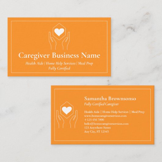 Carte De Visite Orange White Hand Heart Minimal aidant (Devant / Derrière)