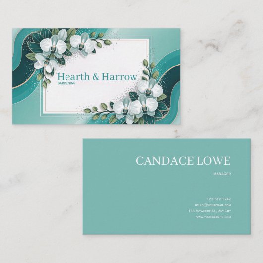 Carte De Visite Orchidée blanche moderne Turquoise et or (Devant / Derrière)