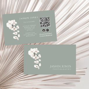 Carte De Visite Orchidées Blanches Vert Sage moderne QR Code Flora