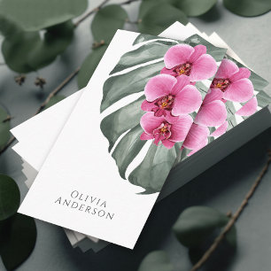Carte De Visite Orchidées roses chaudes sur Monstera Tropical Bota