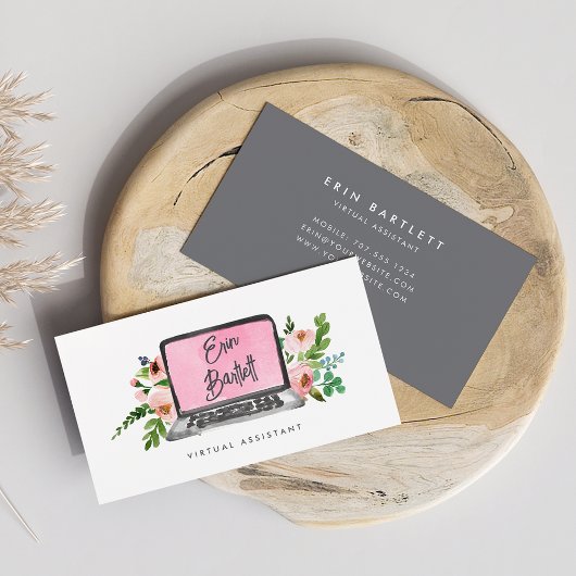 Carte De Visite Ordinateur portable Floral | Assistant virtuel