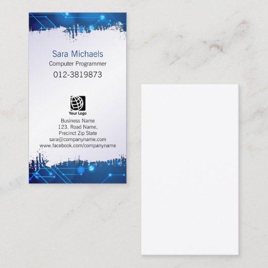 Carte De Visite Ordinateur Programmeur Écrits Papier bleu Circuits (Devant / Derrière)