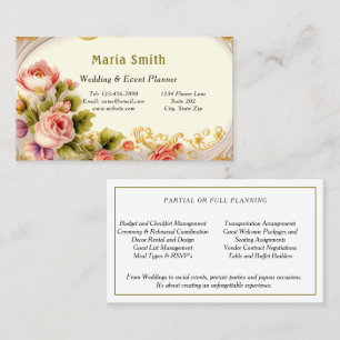 Carte De Visite Organisateur de mariage élégant Roses roses or 