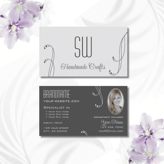 Carte De Visite Ornat gris foncé clair avec monogramme et photo