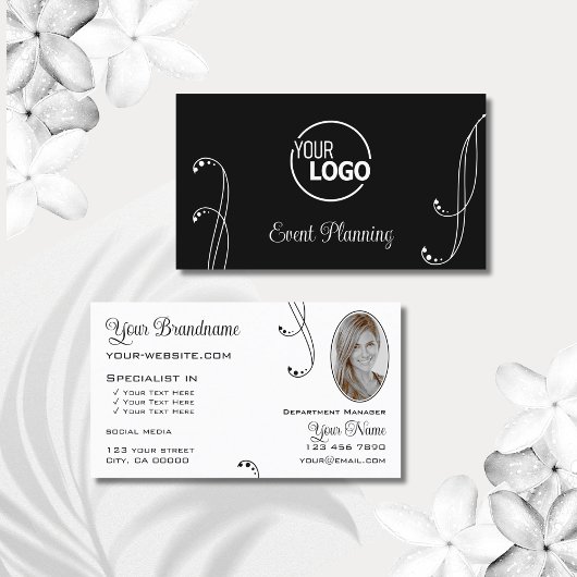Carte De Visite Ornat noir élégant avec logo et photo