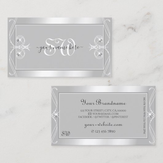 Carte De Visite Ornate Argent clair Gris Épargne Bijoux Monogramme (Devant / Derrière)