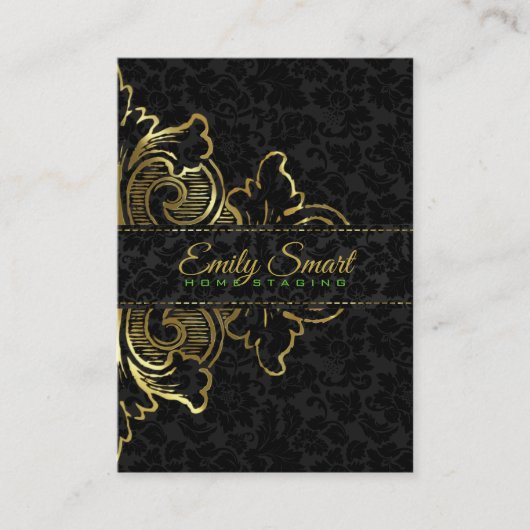Carte De Visite Ornement Floral Noir Damas Or (Devant)