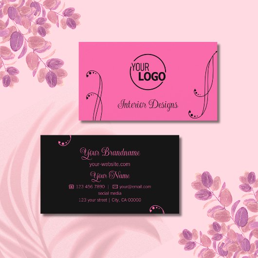 Carte De Visite Ornement moderne rose et noir avec logo