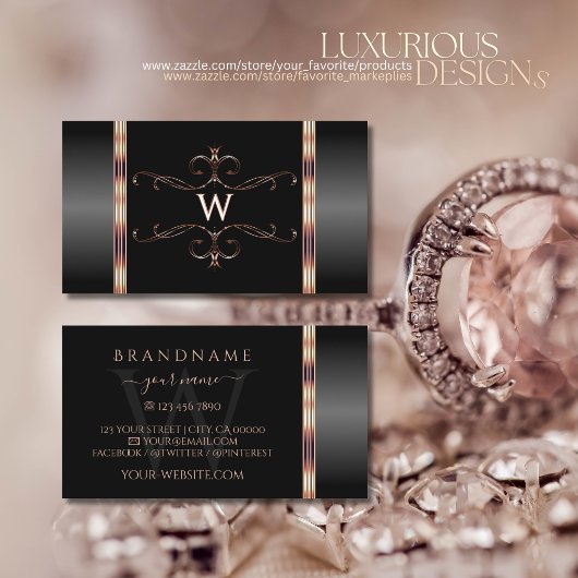 Carte De Visite Ornements en or noir et Rose avec Monogramme