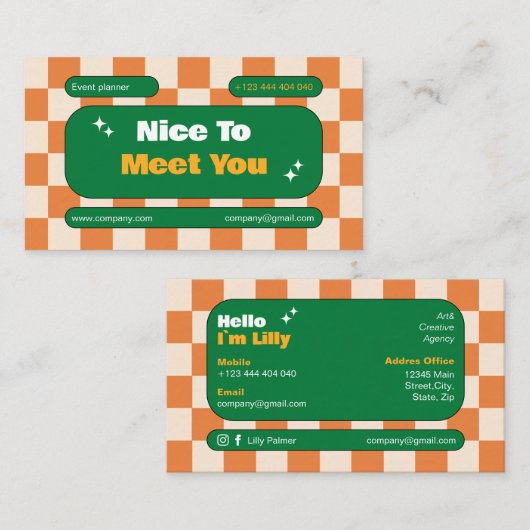 Carte De Visite Oronge Jaune Vert Retro Checkerboard Boho (Devant / Derrière)