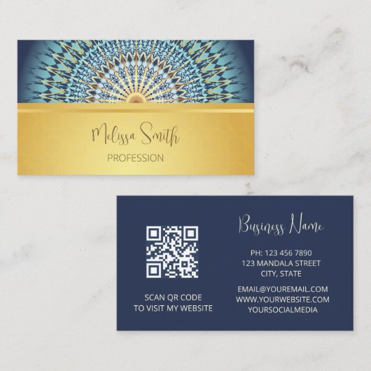 Carte De Visite OU code | Gold Blue Mandala Motif (Devant / Derrière)