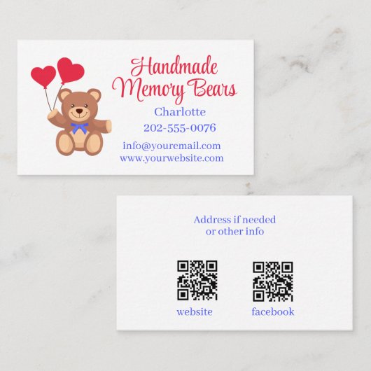 Carte De Visite Ours mémoire en peluche avec codes QR (Devant / Derrière)