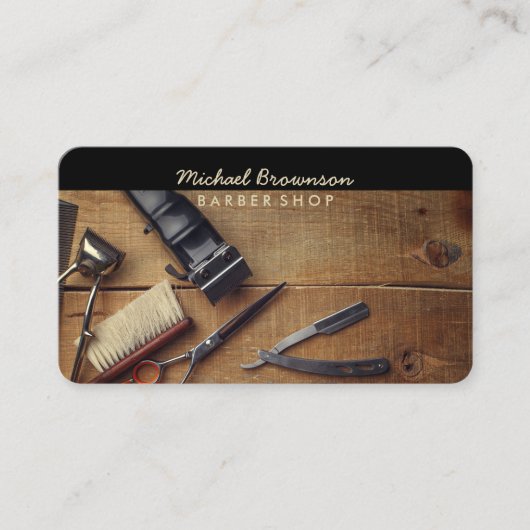 Carte De Visite Outils de barbier en bois rustique (Devant)