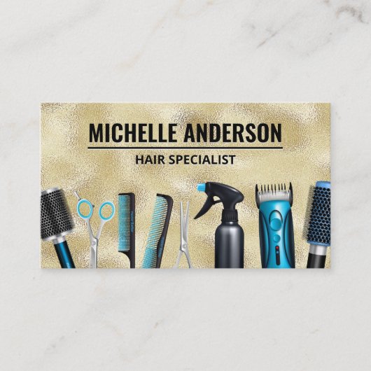 Carte De Visite Outils de coiffeur | Shimmer Or (Devant)