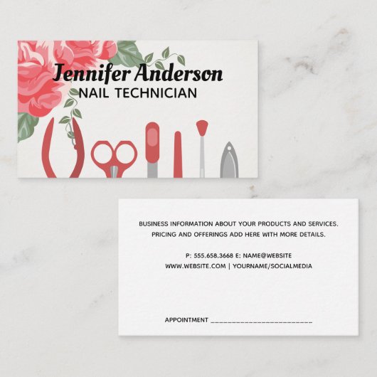Carte De Visite Outils de manucure à ongles | Fleurs (Devant / Derrière)