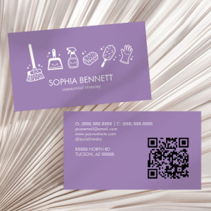 Carte De Visite Outils de nettoyage mignons violets Code QR person