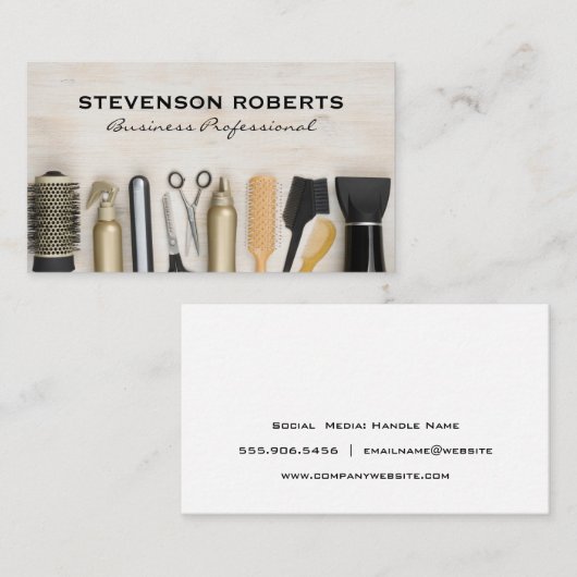 Carte De Visite Outils de salon de cheveux sur table en bois (Devant / Derrière)