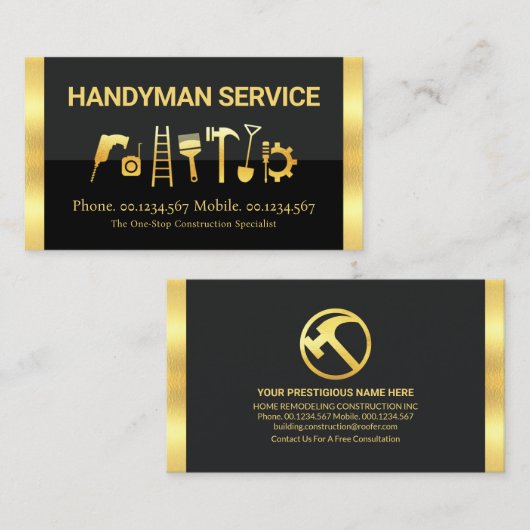 Carte De Visite Outils Handyman Créatifs Avec Grilles Or (Devant / Derrière)