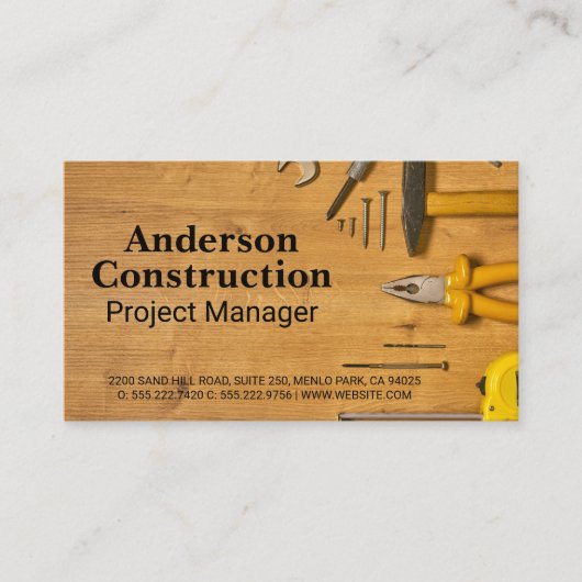 Carte De Visite Outils main de construction sur table en bois (Devant)