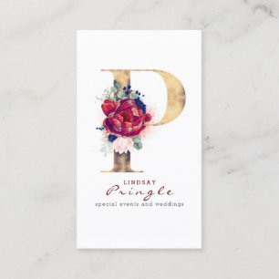 Carte De Visite P Monogram Burgundy Gold et Navy Blue Floral