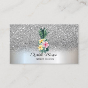 Carte De Visite Paillettes Argentées Élégant Ananas Fleurs Tropica
