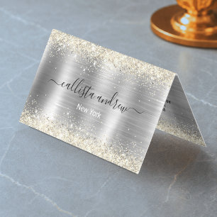 Carte De Visite Paillettes de métal brossé argent or faux chic