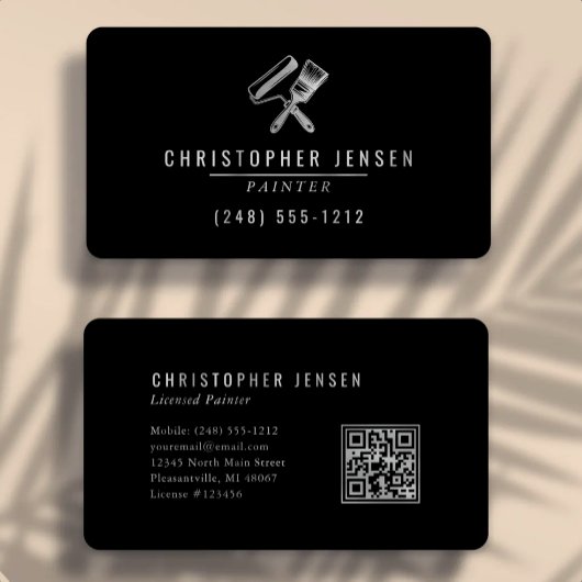 Carte De Visite Painter QR Code Black Silver Rounded Painting
