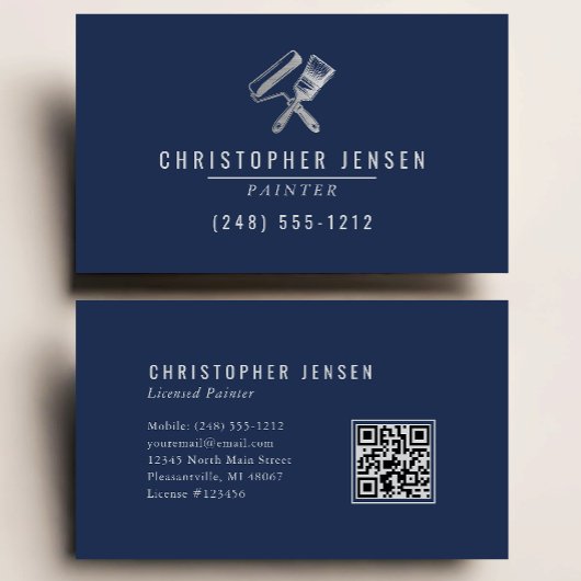 Carte De Visite Painter QR Code Painting Business Navy Blue Silver