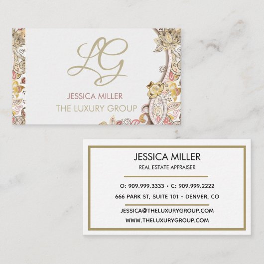 Carte De Visite Paisley Gold Ruby Luxe Élégant Script (Devant / Derrière)