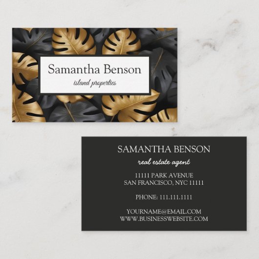 Carte De Visite Palm Feuille Tropical Island Carré vert et blanc (Devant / Derrière)