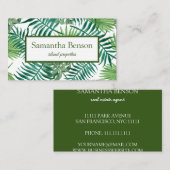 Carte De Visite Palm Feuille Tropical Island Carré vert et blanc (Devant / Derrière)