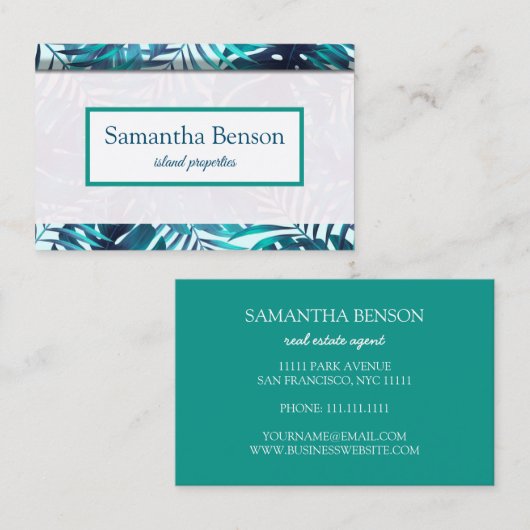 Carte De Visite Palm Feuille Tropical Island Green & White Carré B (Devant / Derrière)