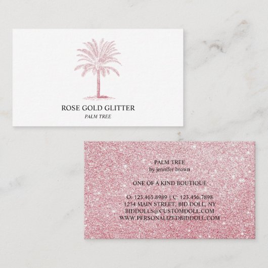 Carte De Visite Palm Tree Rose Gold parties scintillant rose Éléga (Devant / Derrière)
