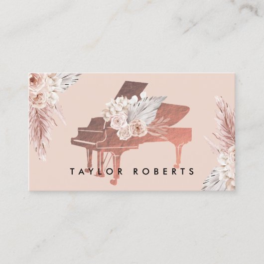Carte De Visite pampas beige herbe boho fleurs pianiste (Devant)
