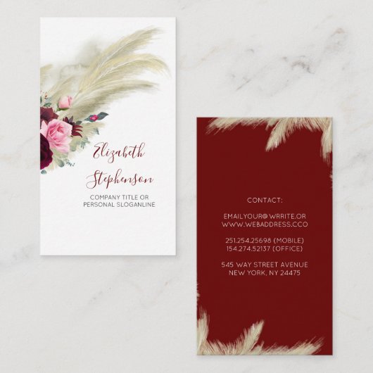 Carte De Visite Pampas Grass et Fleurs Bourgogne Moderne Boho (Devant / Derrière)