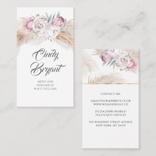 Carte De Visite Pampas Grass et King Protea Flower Élégant exotiqu (Devant / Derrière)