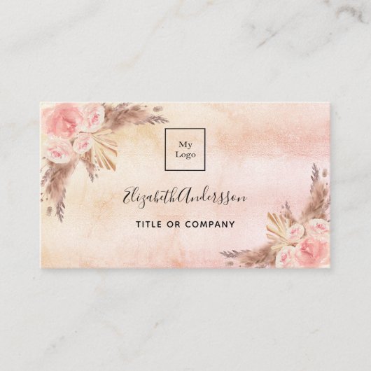 Carte De Visite Pampas herbe boucher fleurs roses QR code logo (Devant)