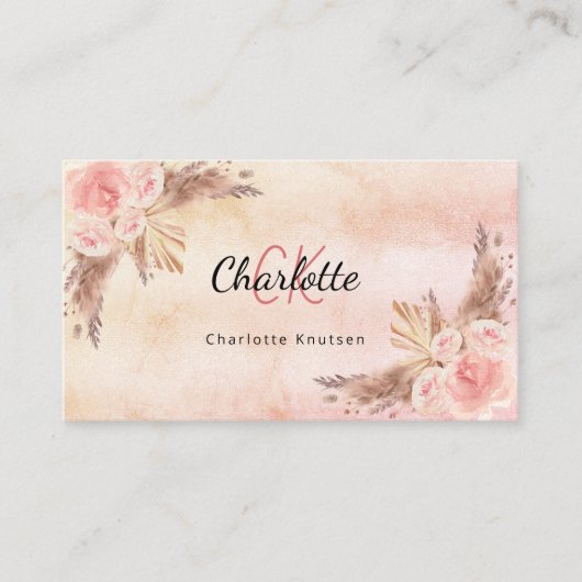 Carte De Visite Pampas herbe rose pâle fleurons monogramme QR code (Devant)