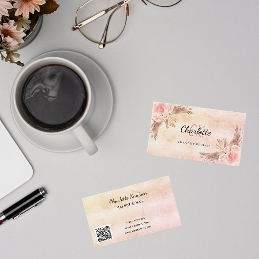 Carte De Visite Pampas herbe rose pâle fleurons monogramme QR code