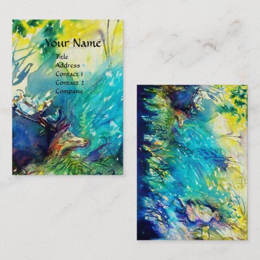 CARTE DE VISITE PAN JOUER FLUTE ET CERF EN BOIS VERT (Devant / Derrière)