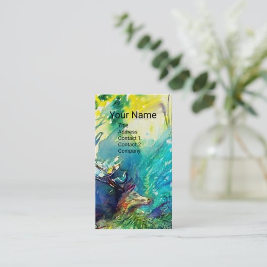 CARTE DE VISITE PAN JOUER FLUTE ET CERF EN BOIS VERT (Debout devant)