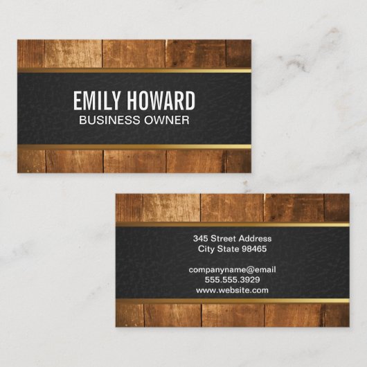 Carte De Visite Panneaux en bois | Découpe en cuir noir (Devant / Derrière)