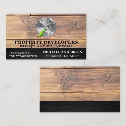 Carte De Visite Panneaux en bois | Marteau à clé sciée (Devant / Derrière)