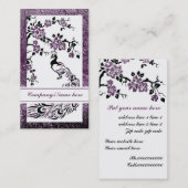 Carte De Visite Paon noir, violet et fleurs de cerisiers (Devant / Derrière)