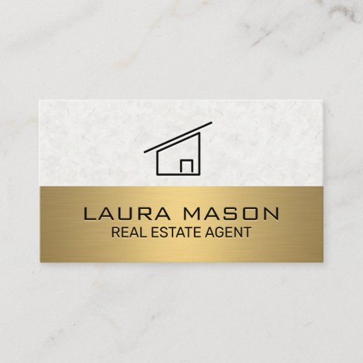 Carte De Visite Papier de texture | Métallique d'or | Icône Maison (Devant)