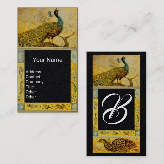 Carte De Visite PAPIER Jaune Noir Monogramme Paon Amour MARIAGE (Devant / Derrière)