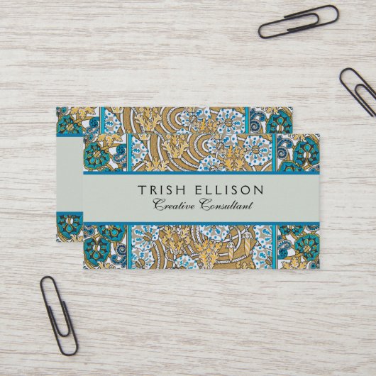 Carte De Visite papier peint bleu art nouveau cyclamen (Devant/Arrière en situation)