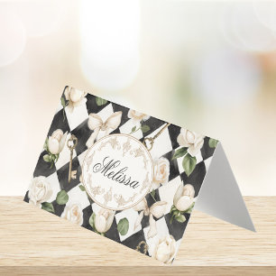 Carte De Visite Papier plié Fleurs de Rose Vintage Monogramme Noir