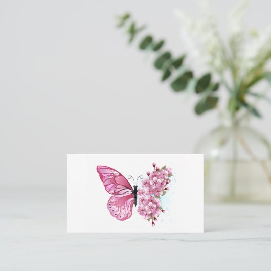 Carte De Visite Papillon à fleurs avec Sakura rose (Debout devant)