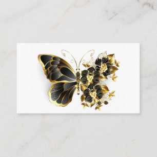 Carte De Visite Papillon à fleurs d'or avec orchidée noire